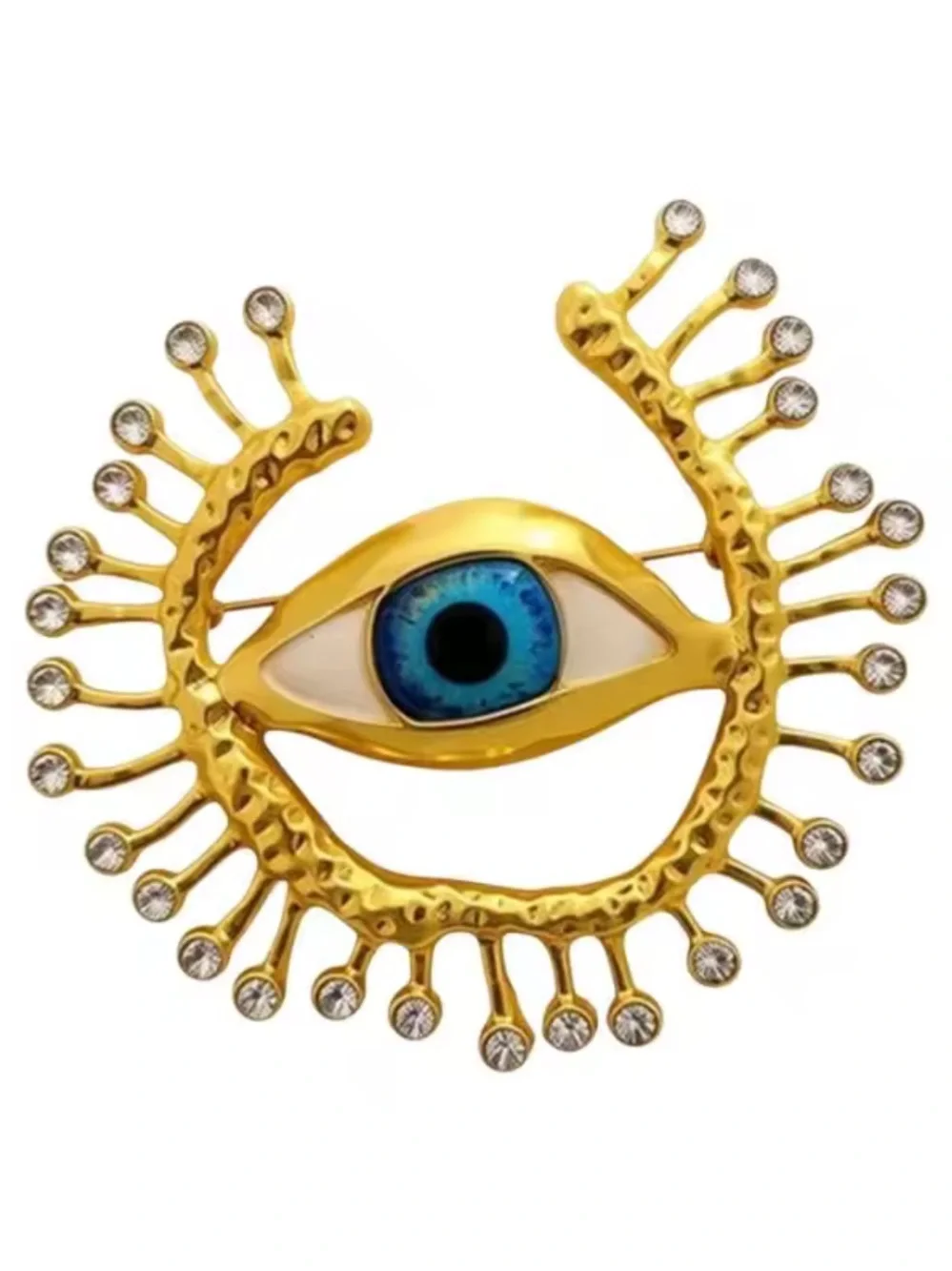 Gold-Tone Brooch with Blue Eye and Crystal Accents